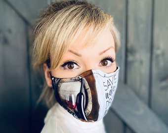 Save Water Drink Wine Washable Face Mask w/ Nose Wire / Breathable Filter Pocket (Filter Included) - Facial Protection Mask - Fast Shipping