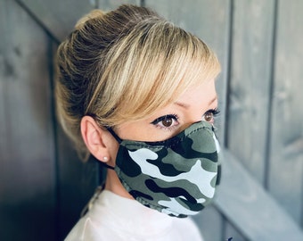Dark Green Camo Washable Face Mask with Nose Wire / Breathable Filter Pocket (Filter Included) - Facial Protection Mask - Fast Shipping