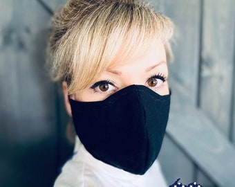 Solid Black Washable Face Mask with Nose Wire / Breathable Filter Pocket (Filter Included) - Facial Protection Mask - Fast Shipping