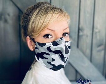 Black & White Camo Washable Face Mask with Nose Wire / Breathable Filter Pocket (Filter Included) - Facial Protection Mask - Fast Shipping