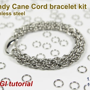 Candy Cane Cord Bracelet Kit, 1.2mm, Chainmaille Kit, Stainless Steel, Chainmail Kit, DIY Kit, Jump Rings, Chainmail Tutorial