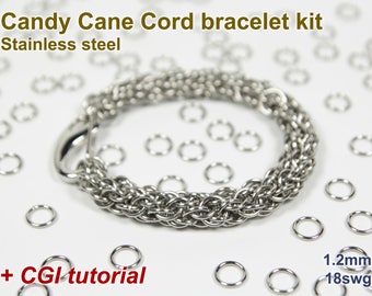 Candy Cane Cord Bracelet Kit, Chainmaille Kit, Stainless Steel, 1.2mm, Chainmail Kit, DIY Kit, Jump Rings, Lobster Clasp, Chainmail Tutorial