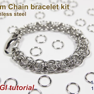 May include: A stainless steel helm chain bracelet kit with a clasp and jump rings. The kit includes a tutorial and is made with 1.4mm (17swg) jump rings.