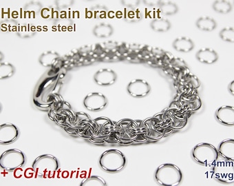 May include: A stainless steel helm chain bracelet kit with a clasp and jump rings. The kit includes a tutorial and is made with 1.4mm (17swg) jump rings.