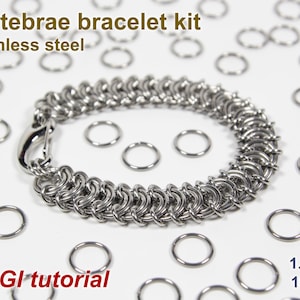Peut inclure: Un kit de bracelet vertébral en acier inoxydable avec un fermoir mousqueton. Le bracelet est composé d'anneaux métalliques imbriqués. L'image comprend le texte "Vertebrae bracelet kit Stainless steel" et "+ CGI tutorial". Des anneaux métalliques supplémentaires sont dispersés.