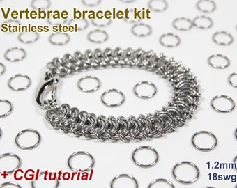 Kit de pulsera de vértebras, 1,2 mm, kit Chainmaille, acero inoxidable, kit de cota de malla, anillos de salto, tutorial de vértebras, tutorial de cota de malla