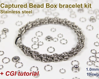 Captured Bead Box Armband Kit, 1,0mm, Maliën Kit, Rvs, Chainmaille Kit, Chainmail Kit, Sluitringen, Lager Kogels, Captured Bead Tutorial