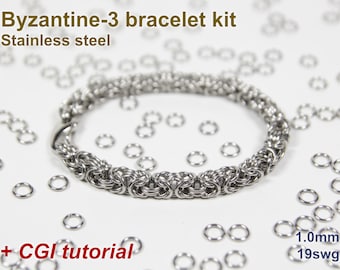 Byzantine-3 Bracelet Kit, 1.0mm, Chainmaille Kit, Stainless Steel, Byzantine Tutorial, Jump Rings, Chainmail Bracelet, Chainmaille Tutorial