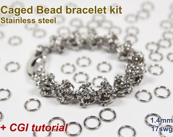 May include: A stainless steel caged bead bracelet kit. The bracelet is made of interconnected metal beads and rings. The image includes the text "Caged Bead bracelet kit Stainless steel" and "+ CGI tutorial". The rings are 1.4mm 17swg.