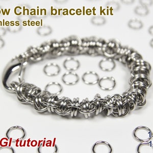 Könnte beinhalten: Ein Edelstahl-Krähenketten-Armband-Set mit einem Verschluss und einem Stapel kleiner Sprungringe. Die Sprungringe haben einen Durchmesser von 1,4 mm und eine Stärke von 17. Das Set enthält ein CGI-Tutorial.