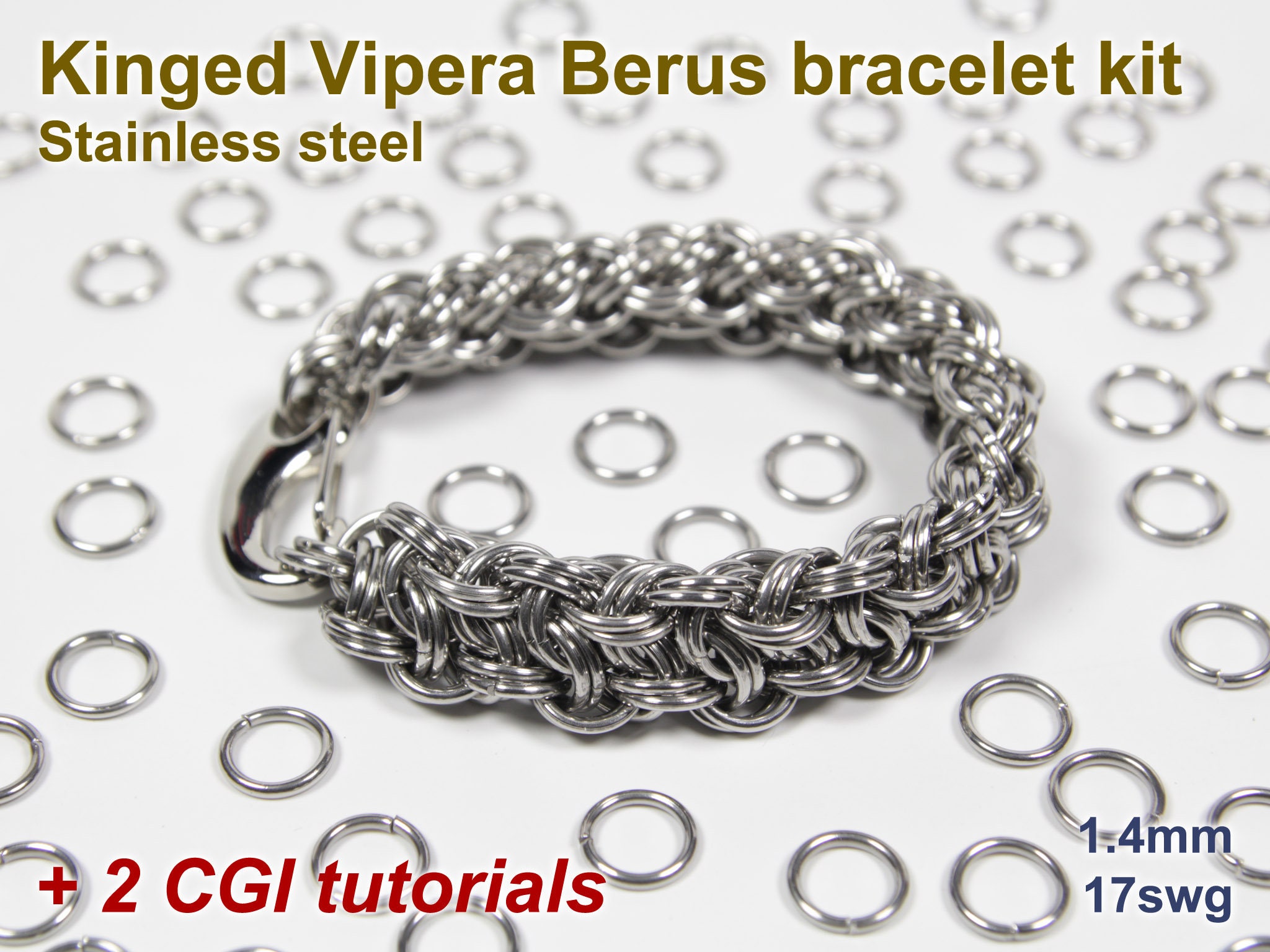 Kinged Vipera Berus Bracelet Kit, 1.4mm, Chainmaille Kit, Stainless Steel,  DIY Kit, Jump Rings, Chainmail Bracelet Kit, Chainmail Tutorial 