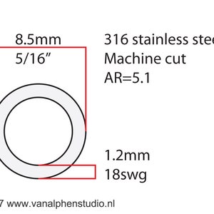 May include: A 316 stainless steel machine cut washer with an aspect ratio of 5.1. The washer is 8.5 mm (5/16 inch) in diameter and 1.2 mm (18swg) thick.