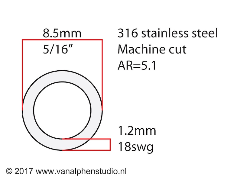 May include: A 316 stainless steel machine cut washer with an aspect ratio of 5.1. The washer is 8.5 mm (5/16 inch) in diameter and 1.2 mm (18swg) thick.