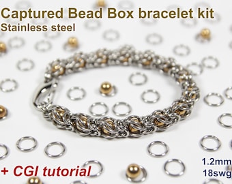Captured Bead Box Bracelet Kit, 1.2mm, Chainmaille Kit, Stainless Steel, Chainmail Kit, Jump Rings, Captured Bead Tutorial, Bearing Balls