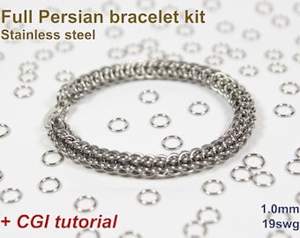Full Persian Bracelet Kit, 1.0mm, Chainmaille Kit, Stainless Steel, Persian Tutorial, Jump Rings, Chainmail Bracelet Kit, Chainmail Tutorial