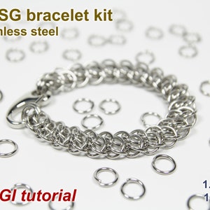 Peut inclure: Un kit de bracelet en acier inoxydable avec le texte "AGSG bracelet kit" et "Stainless steel". Le bracelet est composé d'anneaux métalliques imbriqués. L'image montre également des anneaux en vrac et le texte "+ CGI tutorial", "1.4mm", et "17swg".