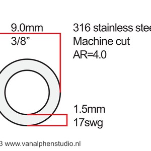 May include: A diagram of a circular metal component, with dimensions labeled in both metric and imperial units. The text indicates it's made of 316 stainless steel and machine cut. The outer diameter is 9.0mm (3/8 inch), and the thickness is 1.5mm.