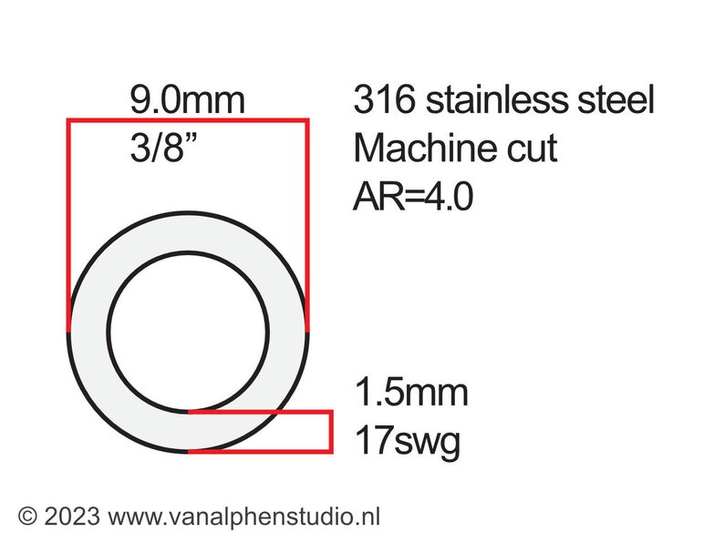 May include: A diagram of a circular metal component, with dimensions labeled in both metric and imperial units. The text indicates it's made of 316 stainless steel and machine cut. The outer diameter is 9.0mm (3/8 inch), and the thickness is 1.5mm.