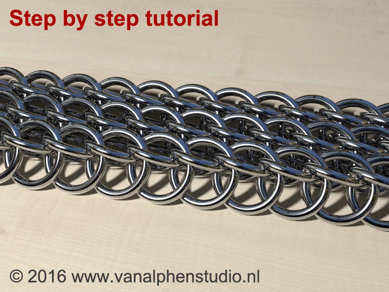 May include: Close-up of a section of chainmail made of shiny, silver metal rings. The rings are interlocked in a repeating pattern. The text "Step by step tutorial" is in red at the top. The website address is at the bottom.