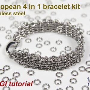 May include: A stainless steel bracelet kit with the text "European 4 in 1 bracelet kit". The bracelet is made of small, interconnected metal rings. The image also includes loose rings and the text "+ CGI tutorial".