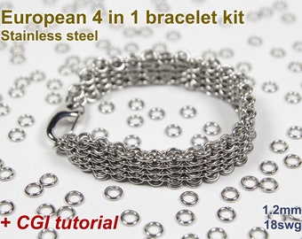 European 4 in 1 Bracelet Kit, 1.2mm, Chainmaille Kit, Stainless Steel, Chainmail Kit, Jump Rings, Euro 4 in 1 Tutorial, Chainmaille Tutorial