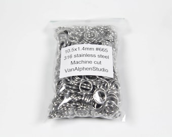 May include: A bag of 10.5x1.4mm #665 316 stainless steel machine cut jump rings. The jump rings are silver in color and are packaged in a clear plastic bag with a white label that reads "10.5x1.4mm #665 316 stainless steel Machine cut VanAlphenStudio".