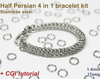 May include: A silver bracelet kit with a half Persian chain pattern. The kit includes a clasp, jump rings, and a tutorial. The bracelet is made of 1.4mm stainless steel.