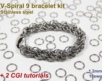 Kit de bracelet V-Spiral 9, Kit de maille-maille, acier inoxydable, kit de cotte de mailles, anneaux de saut, agrafe de homard, tutoriel de maille-maille, chaîne en spirale