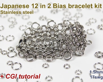Japanese 12 in 2 Bias Bracelet Kit, 1.5mm, Chainmaille Kit, Stainless Steel, Chainmail Kit, Jump Rings, Chainmail Bracelet Kit, Tutorial