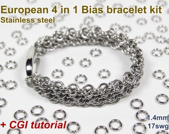 Kit de pulseira de viés europeia 4 em 1, 1,4 mm, kit de cota de malha, aço inoxidável, kit de cota de malha, argolas de salto, tutorial de corrente de caixa