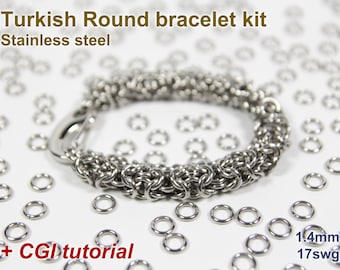 Kit de pulseira redonda turca, 1,4 mm, kit de cota de malha, aço inoxidável, kit de cota de malha, argolas, kit de pulseira de cota de malha, tutorial de cota de malha