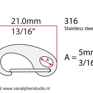 May include: A silver metal snap hook with a 13/16 inch length and a 3/16 inch opening. The hook is made of 316 stainless steel.