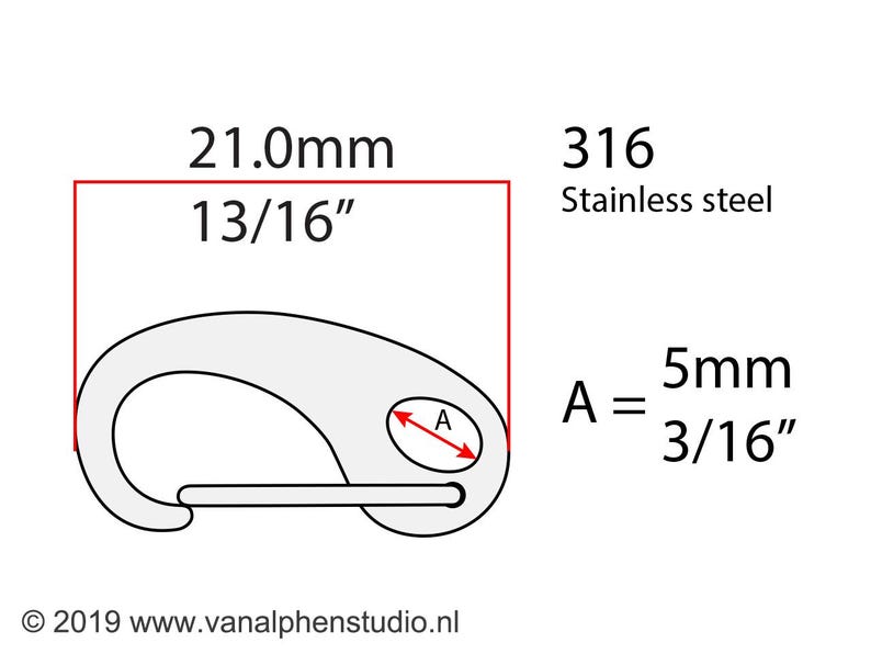 May include: A silver metal snap hook with a 13/16 inch length and a 3/16 inch opening. The hook is made of 316 stainless steel.