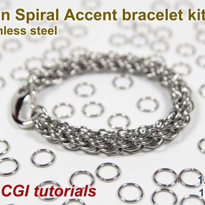 Twin Spiral Accent Bracelet Kit, 1.2mm, Chainmaille Kit, Stainless Steel, Chainmail Kit, Jump Rings, Chainmaille Tutorial, Spiral Chain