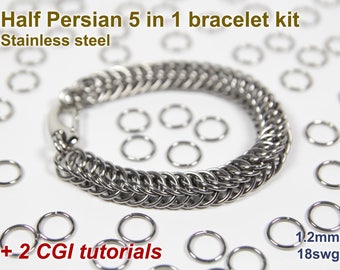 Half Persian 5 in 1 Bracelet Kit, 1.2mm, Chainmaille Kit, Stainless Steel, Jump Rings, Chainmail Bracelet Kit, Chainmaille Tutorial