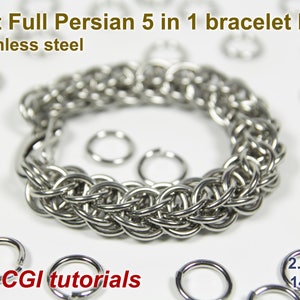 Könnte beinhalten: Ein silbernes Armband-Set mit 2,0 mm Edelstahlringen. Das Set enthält genügend Ringe für ein Armband und wird mit zwei Tutorials geliefert.  Flat Full Persian 5 in 1 bracelet kit. Stainless steel. +2 CGI tutorials. 2.0mm 14swg