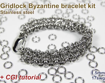 May include: A stainless steel Gridlock Byzantine bracelet kit. The silver bracelet has a woven chainmail design and a clasp. The image includes loose metal rings and text that reads "+ CGI tutorial" and "1.5mm 17swg".