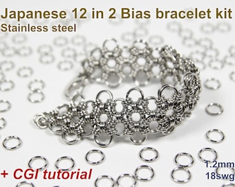 Japanese 12 in 2 Bias Bracelet Kit, 1.2mm, Chainmaille Kit, Stainless Steel, Chainmail Kit, Jump Rings, Chainmail Bracelet Kit, Tutorial