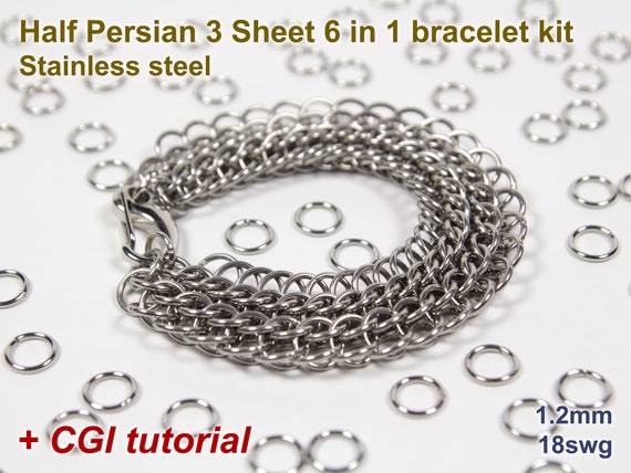 Half Persian 3 Sheet Bracelet Kit, 1,2mm, Chainmaille Kit, Stainless Steel, Jump Rings, Half Persian Tutorial, Chainmail Tutorial