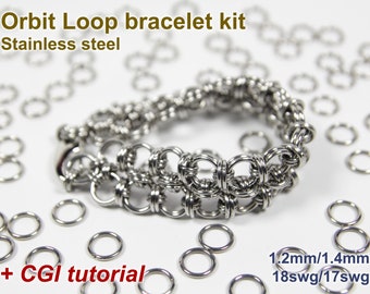Kit de pulseira Orbit Loop, 1,4 mm, kit de cota de malha, aço inoxidável, kit de cota de malha, argolas de salto, kit de pulseira de cota de malha, tutorial de cota de malha