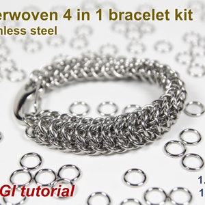 Op de afbeelding: Geweven 4-in-1 armbandset gemaakt van roestvrijstalen sprongringen. De set bevat 1,4 mm (17swg) sprongringen en een CGI-tutorial.