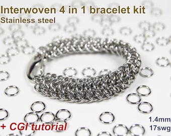 Interwoven 4 in 1 Armband Kit, 1,4mm, Chainmaille Kit, Edelstahl, Chainmail Kit, Biegeringe, Karabinerverschluss, Armband Kit, Anleitung