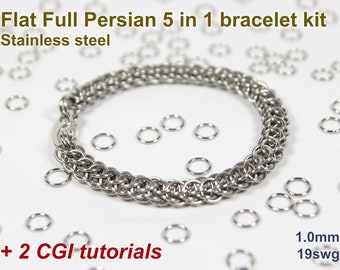 Kit de pulseira plana completa persa 5 em 1, 1,0 mm, kit de cota de malha, aço inoxidável, kit de cota de malha, anéis de salto, fecho lagosta, tutorial de cota de malha