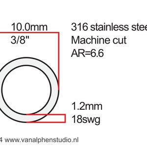 May include: Diagram of a circular metal component with dimensions. The text indicates it is 316 stainless steel, machine cut, with a 3/8 inch diameter and 1.2mm thickness. The aspect ratio is 6.6. The image also includes the website address.
