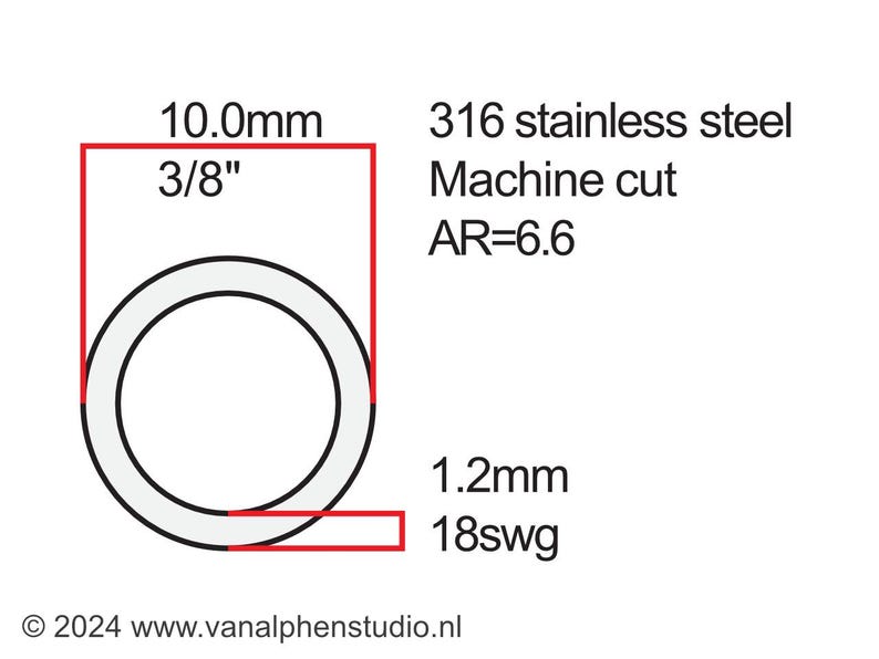 May include: Diagram of a circular metal component with dimensions. The text indicates it is 316 stainless steel, machine cut, with a 3/8 inch diameter and 1.2mm thickness. The aspect ratio is 6.6. The image also includes the website address.