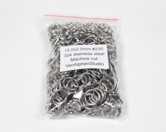 15,0x2,0mm, Rvs Sluitringen, Machine Cut, Maliën Ringen, Roestvast Staal, Rvs Buigringen, Chainmail, Maliën Ringen, Chainmaille Ringetjes