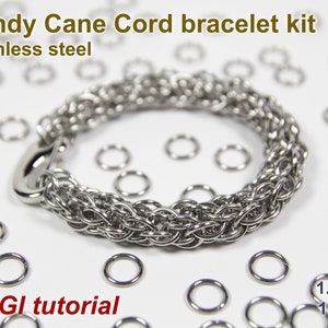 Candy Cane Cord Bracelet Kit, 1.4mm, Chainmaille Kit, Stainless Steel, Chainmail Kit, DIY Kit, Jump Rings, Lobster Clasp, Chainmail Tutorial