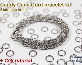 Candy Cane Cord Bracelet Kit, Chainmaille Kit, Stainless Steel, Chainmail Kit, DIY Kit, Jump Rings, Lobster Clasp, Chainmail Tutorial