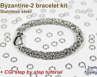 May include: A stainless steel Byzantine-2 bracelet kit with a clasp and loose jump rings. The kit includes a step-by-step tutorial. The jump rings are 1.2 mm in diameter and 18 gauge.