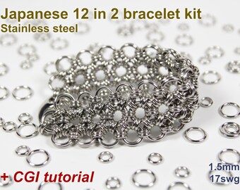 Japanese 12 in 2 Bracelet Kit, 1.5mm, Chainmaille Kit, Stainless Steel, Chainmail Kit, DIY Kit, Jump Rings, Chainmail Bracelet Kit, Tutorial